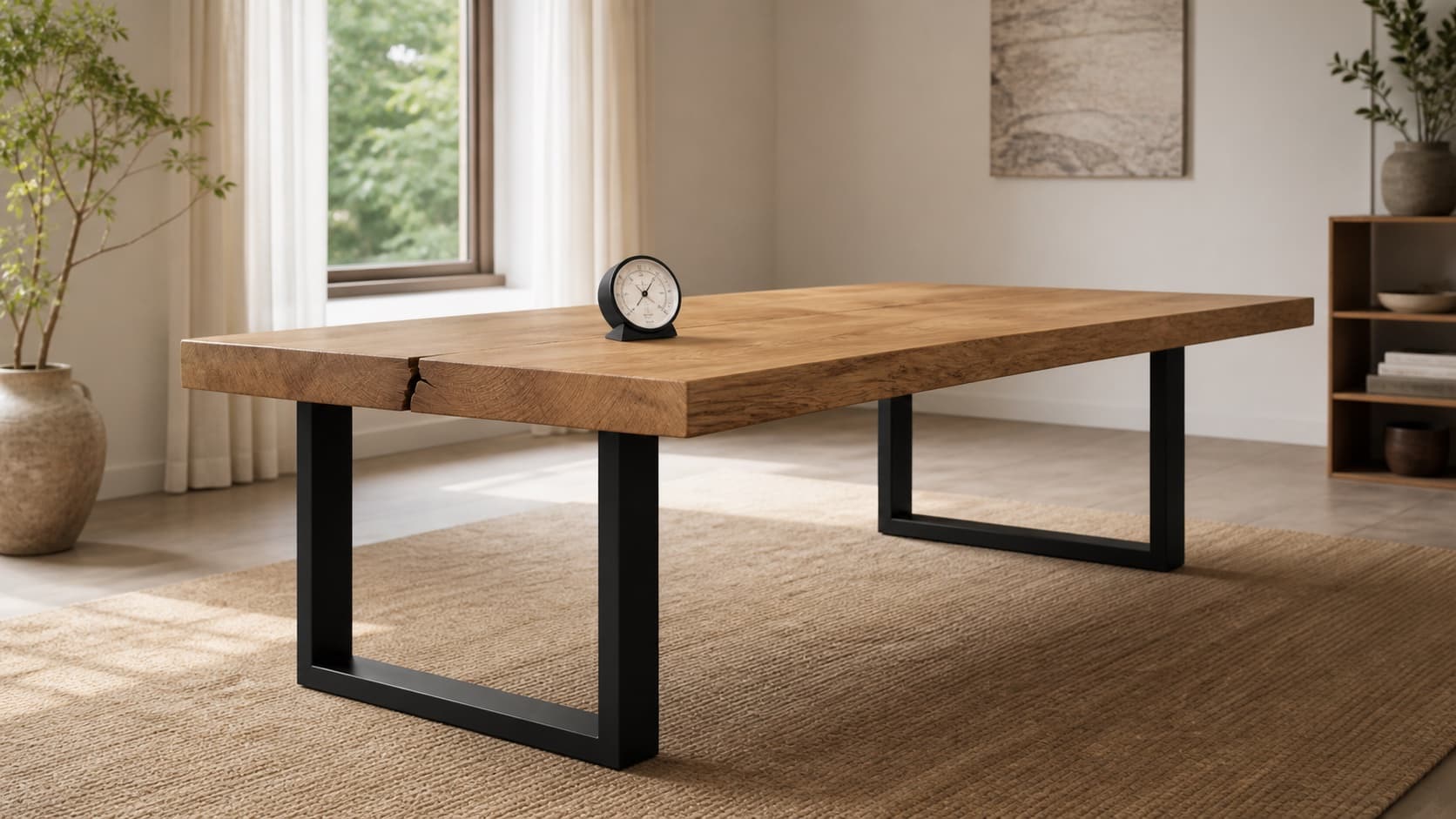 Massiver Eichentisch mit schwarzen Metallkufen, natürlichem Riss und Hygrometer