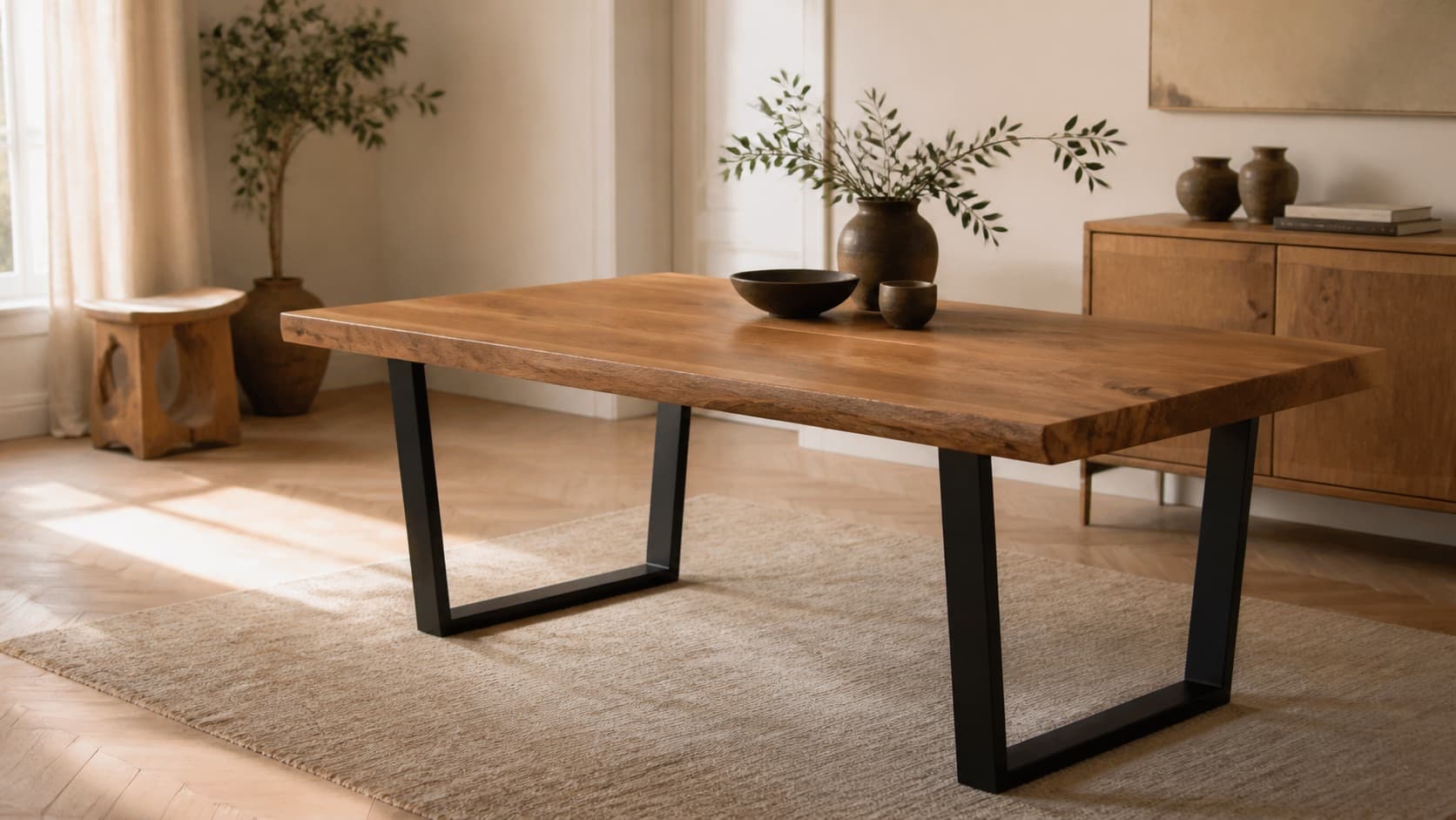 Langlebiger massiver Eichentisch mit Patina und schwarzen Metallkufen
